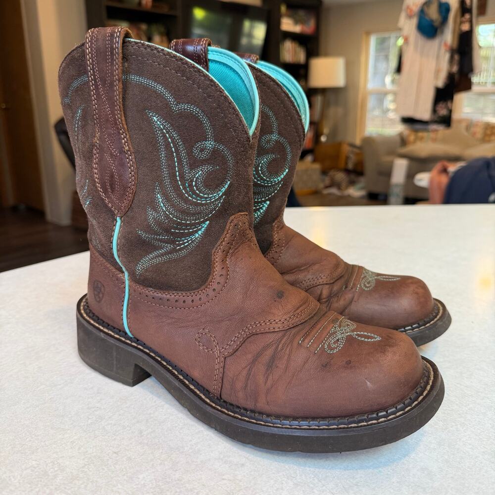 Ariat Womens Brown Leather Turquoise Stitch Fatbaby Western Cowboy Boots size 9